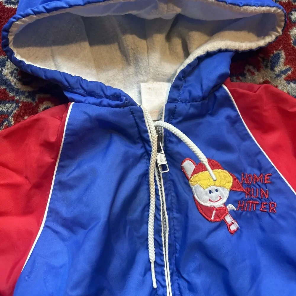 Vintage Baseball Jacket Toddler 12 Month Blue Red Hooded Full Zip 60s 70s